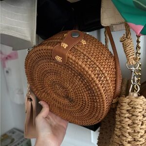 Round Woven Tan Crossbody Bag